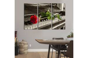 Модульная картина на холсте KIL Art триптих Красная роза на клавишах пианино 156x100 см (255-31)