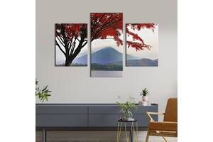 Модульная картина на холсте KIL Art триптих Красное дерево на фоне вулкана 141x90 см (558-32)