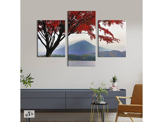 Модульная картина на холсте KIL Art триптих Красное дерево на фоне вулкана 141x90 см (558-32)