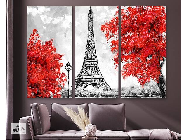 Модульная картина на холсте KIL Art Триптих Красные деревья рядом с Эйфелевой башней 156x100 см