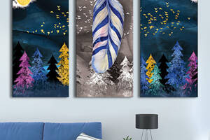 Модульная картина на холсте KIL Art триптих Лес Цветные ели и перо 78x48 см (MK311639)