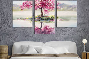 Модульная картина на холсте KIL Art триптих Отражене сакуры в озере 96x60 см (597-32)