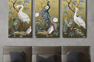 Модульная картина на холсте KIL Art триптих Природа Павлины и цветы 128x81 см (MK311642)