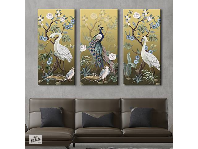 Модульная картина на холсте KIL Art триптих Природа Павлины и цветы 78x48 см (MK311642)