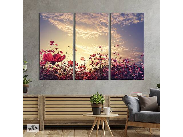 Модульная картина на холсте KIL Art триптих Розовые полевые цветы 156x100 см (248-31)