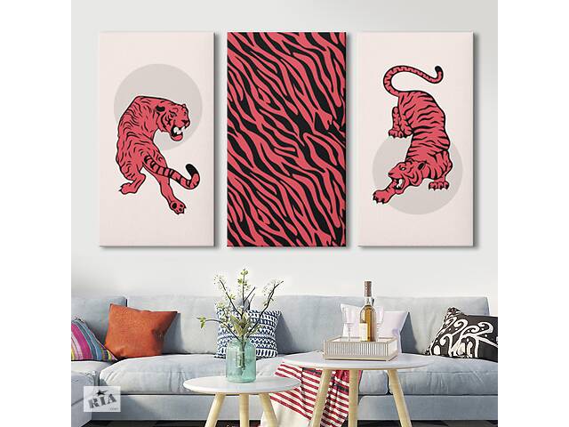 Модульная картина на холсте KIL Art триптих Розовый тигр 78x48 см (MK311606)