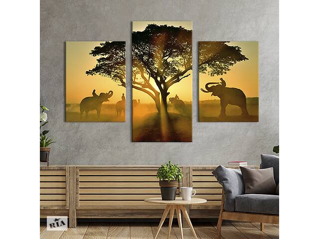 Модульная картина на холсте KIL Art триптих Слоны с погонщиками под африканской акацией 141x90 см (173-32)