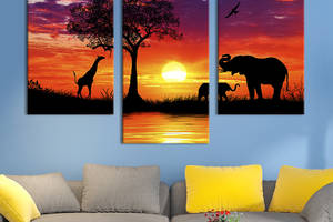 Модульная картина на холсте KIL Art триптих Слоны и жираф 66x40 см (171-32)