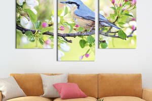Модульная картина на холсте KIL Art триптих Цветущая яблоня и маленькая птичка 141x90 см (206-32)