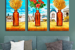 Модульная картина на холсте KIL Art триптих Цветы и колоски в вазе на фоне города 156x100 см (MK311652)