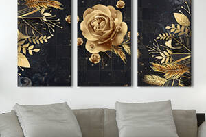 Модульная картина на холсте KIL Art триптих Цветы Золотая роза на черном фоне 156x100 см (MK311640)