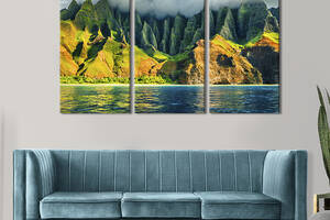 Модульная картина на холсте KIL Art триптих Зелёные скалы побережья Напали 78x48 см (607-31)