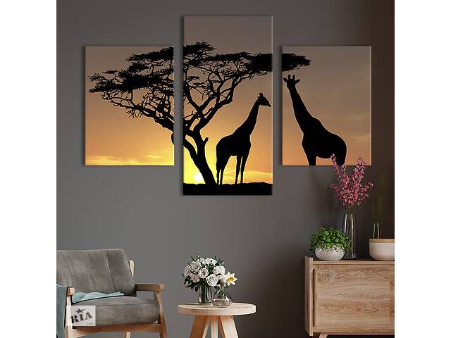 Модульная картина на холсте KIL Art триптих Жирафы на закате в саванне 141x90 см (130-32)