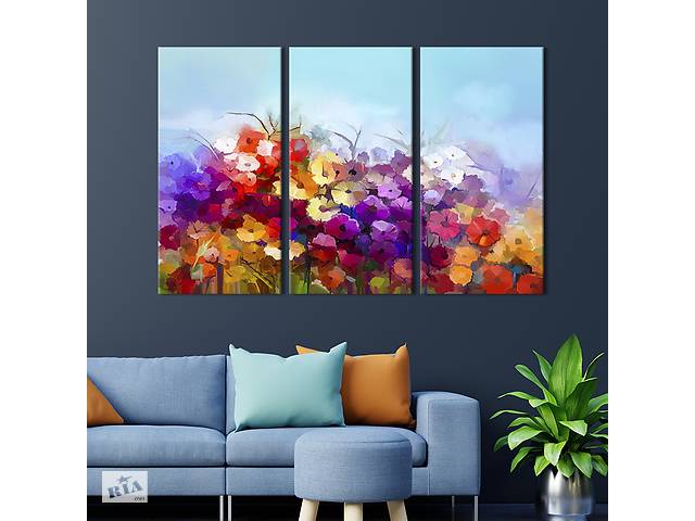 Модульная картина на холсте KIL Art триптих Живописные радужные цветы 128x81 см (249-31)