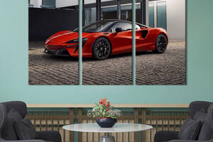 Модульная картина на холсте из 3 частей KIL Art Супергибрид McLaren Artura роскошного красного цвета 128x81 см