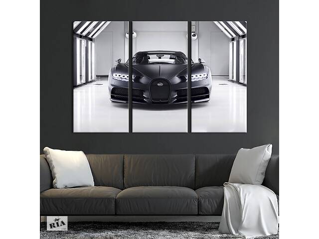 Модульная картина на холсте из 3 частей KIL Art триптих Чёрный Bugatti Chiron 128x81 см (1296-31)