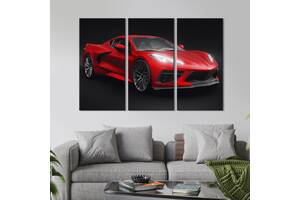 Модульная картина на холсте из 3 частей KIL Art триптих Авто Chevrolet Corvette в красном цвете 128x81 см (1408-31)
