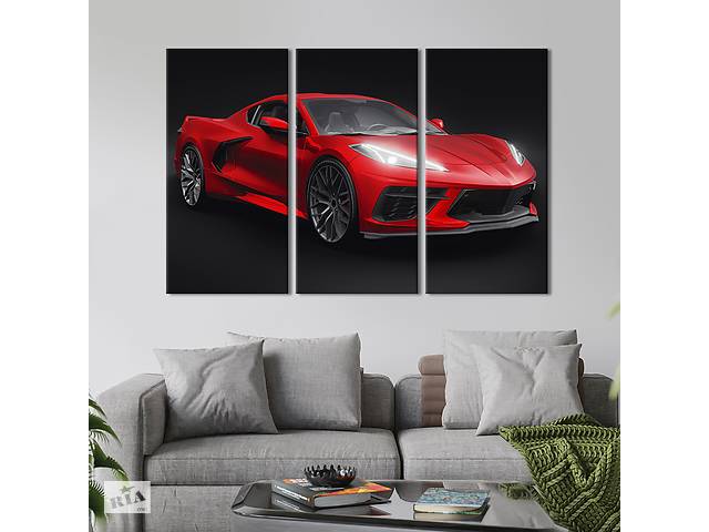 Модульная картина на холсте из 3 частей KIL Art триптих Авто Chevrolet Corvette в красном цвете 78x48 см (1408-31)