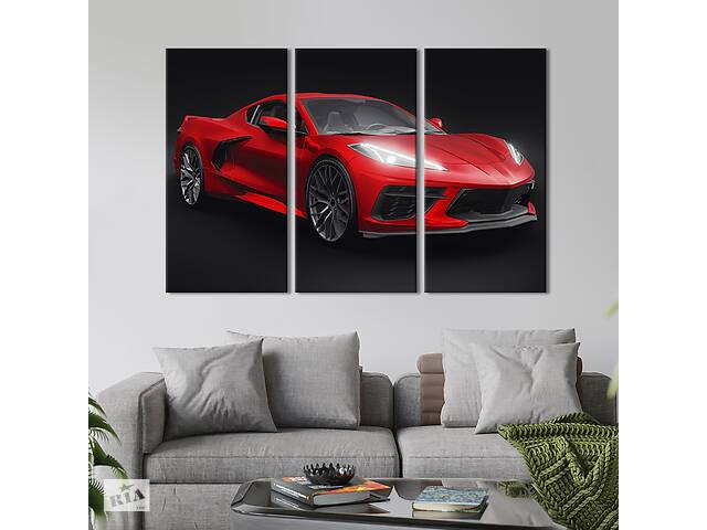 Модульная картина на холсте из 3 частей KIL Art триптих Авто Chevrolet Corvette в красном цвете 156x100 см (1408-31)