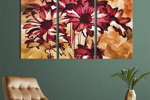 Модульная картина на холсте из 3 частей KIL Art триптих Бордовые цветы 128x81 см (768-31)