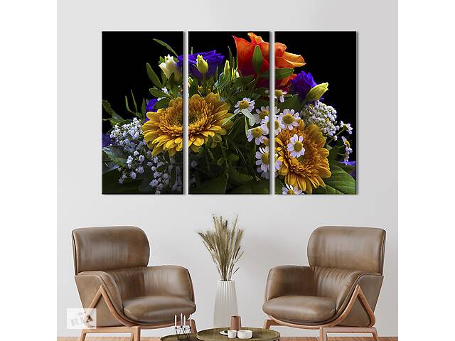 Модульная картина на холсте из 3 частей KIL Art триптих Букет с разнообразными цветами 156x100 см (785-31)