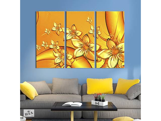 Модульная картина на холсте из 3 частей KIL Art триптих Золотая цветочная композиция 156x100 см (807-31)