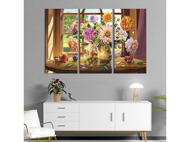 Модульная картина на холсте из 3 частей KIL Art триптих Натюрморт с георгинами и розами 156x100 см (825-31)