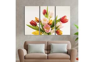 Модульная картина на холсте из 3 частей KIL Art триптих Букет красивых тюльпанов 128x81 см (964-31)