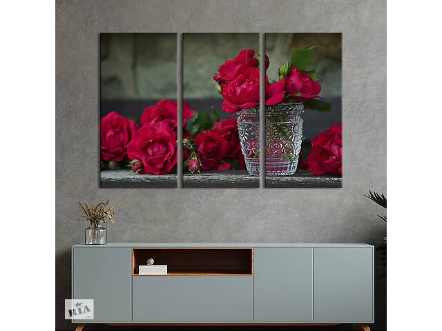 Модульная картина на холсте из 3 частей KIL Art триптих Розы и хрустальная ваза 78x48 см (984-31)