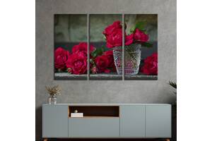 Модульная картина на холсте из 3 частей KIL Art триптих Розы и хрустальная ваза 156x100 см (984-31)
