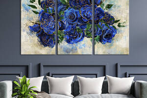Модульная картина на холсте из 3 частей KIL Art триптих Прекрасные синие розы 128x81 см (989-31)