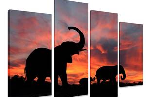 Модульна картина на полотні з чотирьох частин KIL Art Тварини Сімейство слонів на заході сонця 129x90 см (M4_L_410)