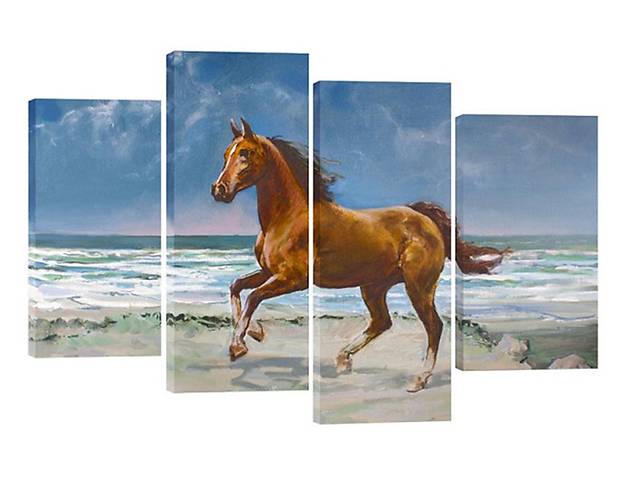 Модульная картина на холсте из четырех частей KIL Art Конь Лошадь на берегу моря 89x56 см (M4_M_316)