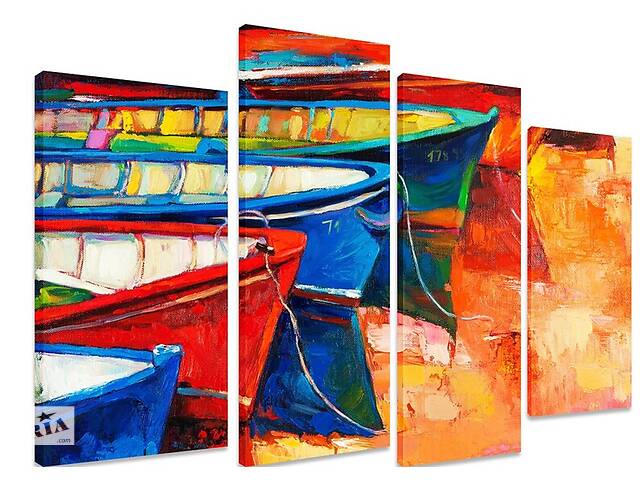 Модульная картина на холсте из четырех частей KIL Art Море Пёстрые лодки 89x56 см (M4_M_499)