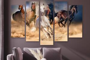 Модульная картина на холсте из пяти частей KIL Art Бегущие галопом лошади 112x68 см (M5_M_73)
