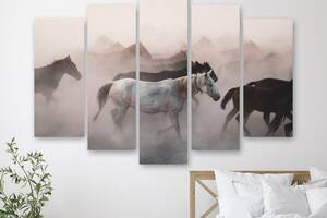 Модульная картина на холсте из пяти частей KIL Art Дикие лошади в тумане 137x85 см (M51_L_62)