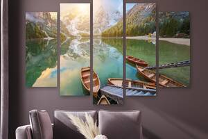 Модульная картина на холсте из пяти частей KIL Art Лодки на поверхности горного озера 112x68 см (M5_M_491)