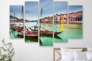 Модульная картина на холсте из пяти частей KIL Art Лодки в Порту Португалия 137x85 см (M51_L_243)