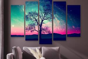 Модульная картина на холсте из пяти частей KIL Art Ночное небо и дерево 112x68 см (M5_M_424)
