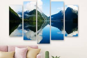 Модульная картина на холсте из пяти частей KIL Art Озеро Милфорд в Новой Зеландии 137x85 см (M51_L_494)
