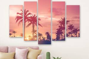 Модульна картина на полотні з п'яти частин KIL Art Пальми та рожевий захід сонця 112x68 см (M5_M_452)
