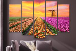 Модульная картина на холсте из пяти частей KIL Art Разноцветное поле тюльпанов 112x68 см (M5_M_501)