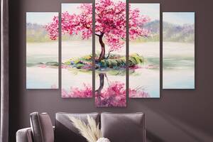 Модульна картина на полотні із п'яти частин KIL Art Рожеві квіти на дереві 112x68 см (M5_M_7)