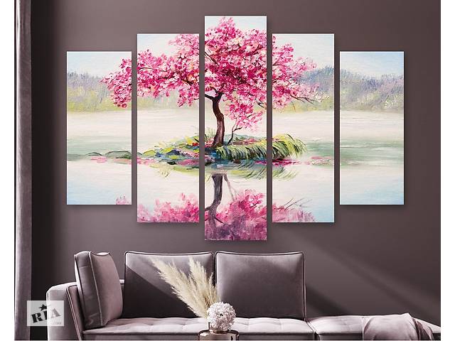 Модульная картина на холсте из пяти частей KIL Art Розовые цветы на дереве 187x119 см (M51_XL_7)