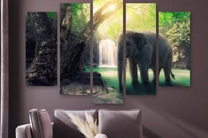 Модульная картина на холсте из пяти частей KIL Art Слон у водопада 112x68 см (M5_M_77)