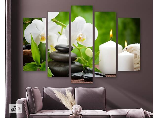 Модульная картина на холсте из пяти частей KIL Art Свечи орхидеи и и камни 137x85 см (M51_L_468)