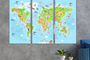 Модульна картина на полотні із трьох частин KIL Art Карта світу для дітей 128x81 см (M3_L_358)