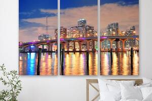 Модульная картина на холсте из трех частей KIL Art Ночной мост в Майами 78x48 см (M3_M_443)