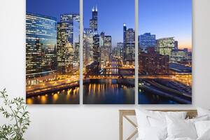 Модульная картина на холсте из трех частей KIL Art Огни Чикаго 78x48 см (M3_M_498)