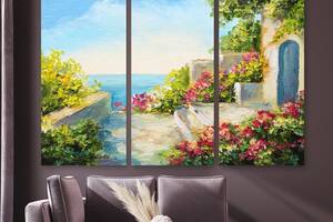 Модульная картина на холсте из трех частей KIL Art Цветущий дворик возле моря 128x81 см (M3_L_266)